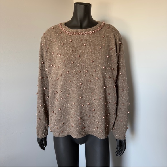 Sweaters - 102. VTG Silk / Rabbit hair Elegant Pearl-Embellished Brown Sweater
